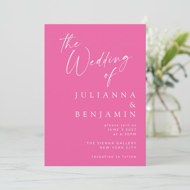 Minimalistische elegante Hot Pink Moderne Script H Einladung (Stehend Vorderseite)