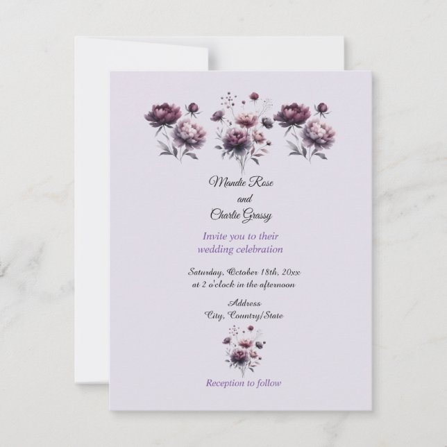 Minimalistische, elegante Lila Hochzeit Einladung (Vorderseite)