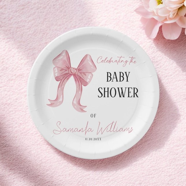 Minimalistische Elegante Pink Bow Girl Babydusche Pappteller (Von Creator hochgeladen)