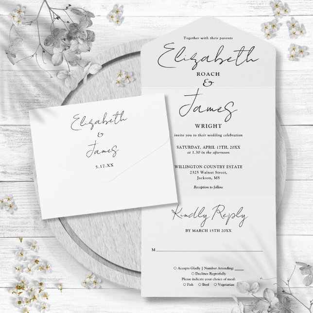 Minimalistische, elegante Script Schwarz-Weiß-Hoch All In One Einladung (Minimalist Elegant Script Black And White Wedding All In One Invitation)