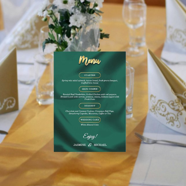 Minimalistische elegante Smaragd- und Gold-Schrift Menükarte (Von Creator hochgeladen)