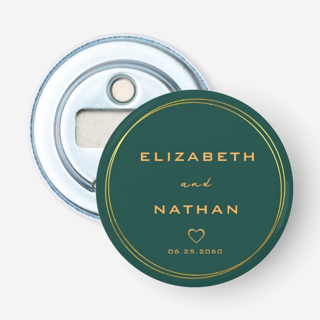 Minimalistische Emerald Green & Gold Floral Weddin Flaschenöffner (Vorderseite)