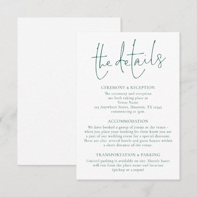 Minimalistische Emerald Green Writing Wedding Deta Begleitkarte (Vorne/Hinten)