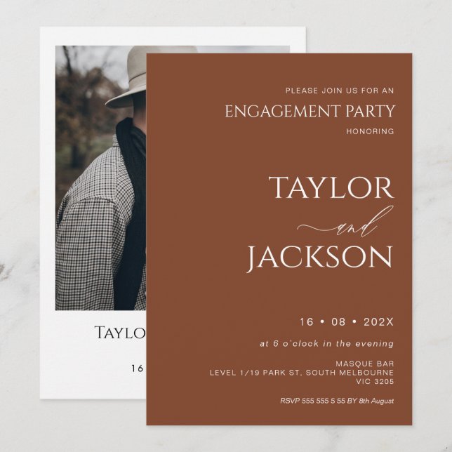 Minimalistische Engagement für Terrakotta-Kalligra Einladung (Vorne/Hinten)