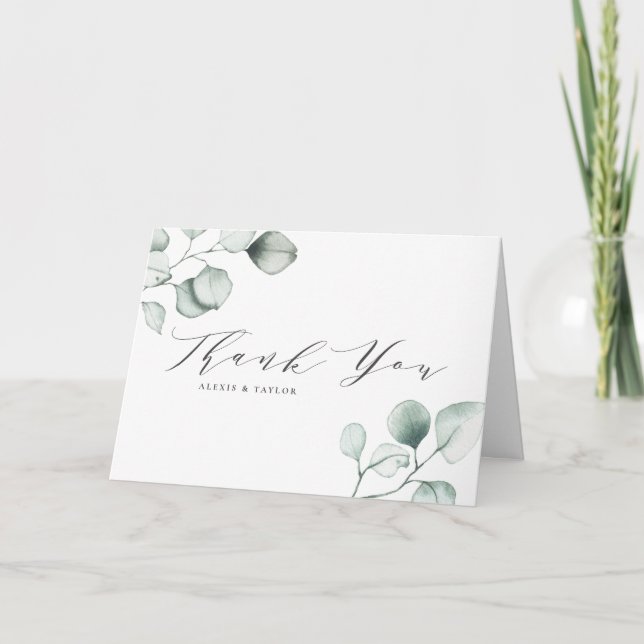 Minimalistische Eukalyptus-Blätter Hochzeiten Dankeskarte (Vorderseite)