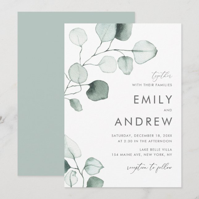 Minimalistische Eukalyptus-Blätter Hochzeiten Einladung (Vorne/Hinten)