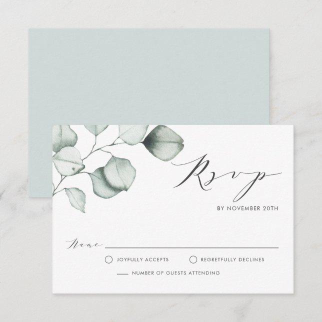 Minimalistische Eukalyptus-Blätter Hochzeiten RSVP Karte (Vorne/Hinten)