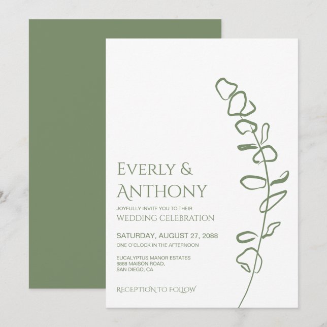 Minimalistische Eukalyptus Green Wedding Einladung (Vorne/Hinten)