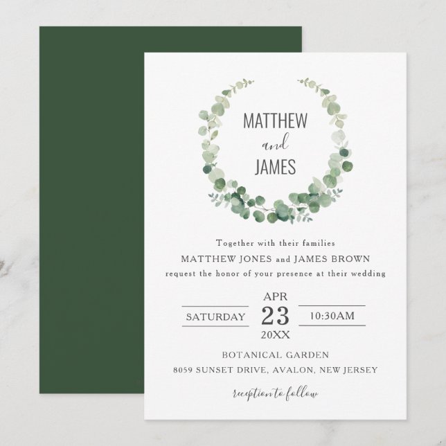 Minimalistische Eukalyptus Greenery Gay Wedding  Einladung (Vorne/Hinten)