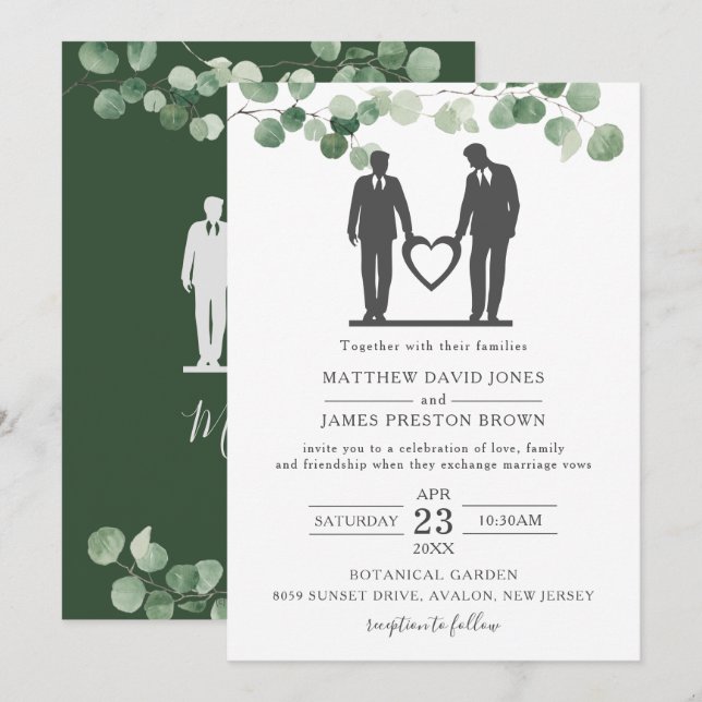 Minimalistische Eukalyptus Greenery Gay Wedding Gr Einladung (Vorne/Hinten)