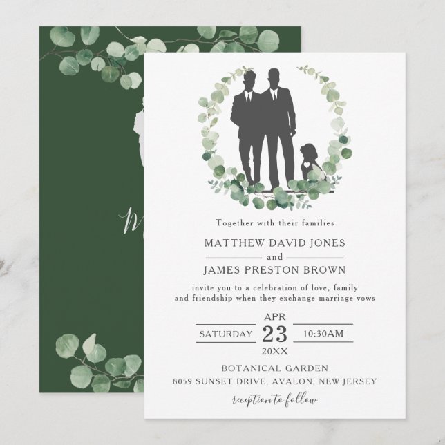Minimalistische Eukalyptus Greenery Gay Wedding Gr Einladung (Vorne/Hinten)