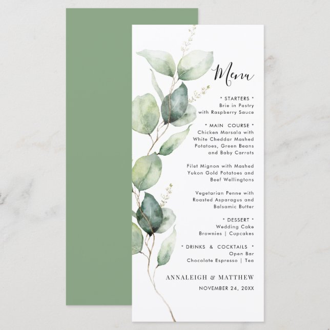Minimalistische Eukalyptus Greenery Wedding Menükarte (Vorne/Hinten)