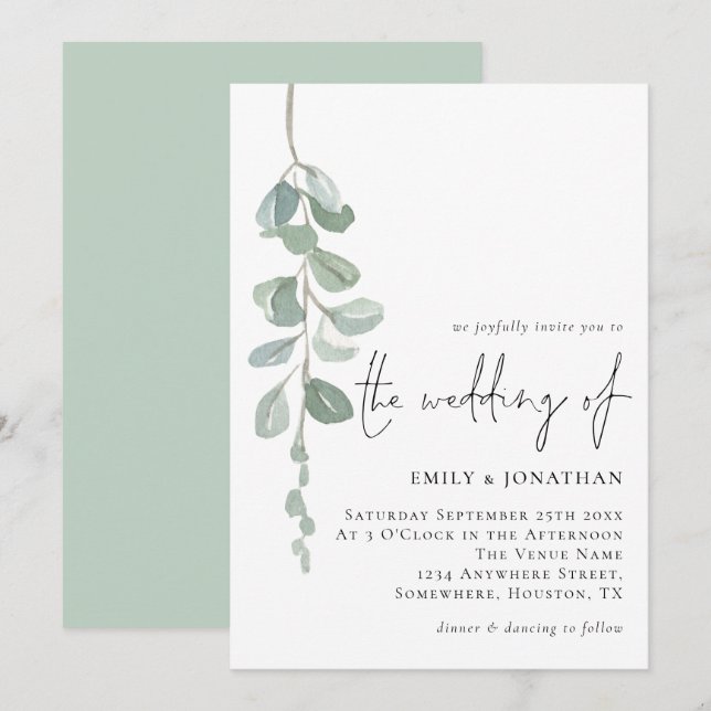 Minimalistische Eukalyptus-Handschriftzeichen Einladung (Vorne/Hinten)