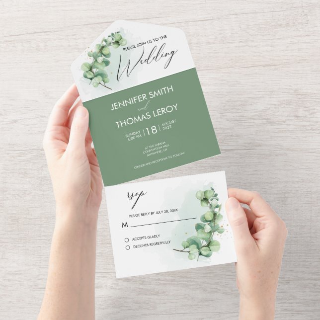 Minimalistische Eukalyptus-Hochzeit All In One Einladung (Abreißen)
