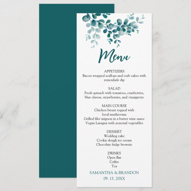 Minimalistische Eukalyptus-Hochzeit Menükarte (Vorne/Hinten)