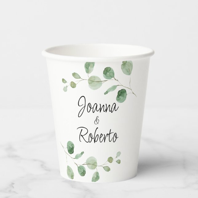 Minimalistische Eukalyptus-Hochzeit Pappbecher (Vorderseite)