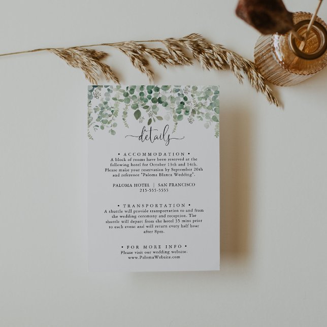 Minimalistische Eukalyptus-Hochzeitdetails Begleitkarte (Von Creator hochgeladen)