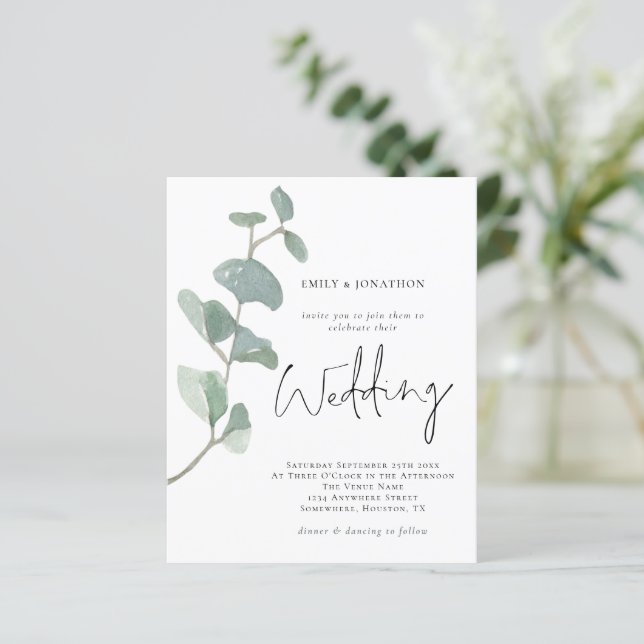 Minimalistische Eukalyptus-Hochzeitseinladung (Stehend Vorderseite)
