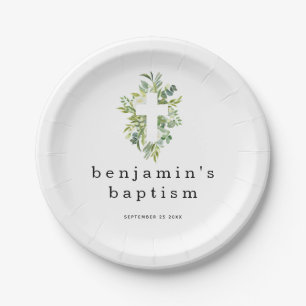 Minimalistische Eukalyptus-Kreuzung Datum der Tauf Pappteller