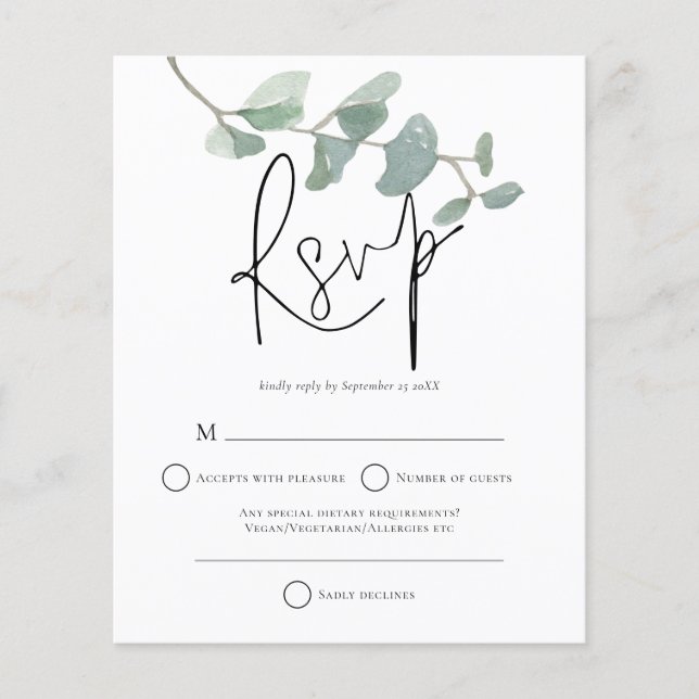 Minimalistische Eukalyptus Wedding RSVP (Vorderseite)