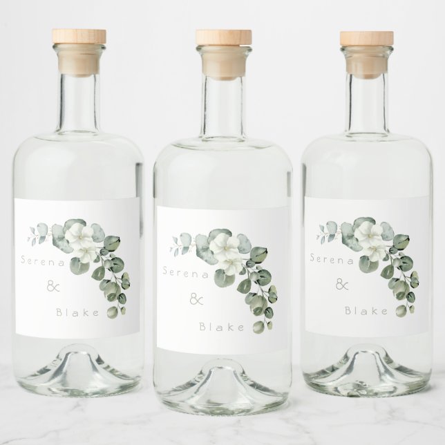 Minimalistische Eukalyptus Wedding White Alkoholflaschenetikett (Flaschen)