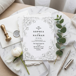 Minimalistische Feinlinige Florale Hochzeitseinlad Einladung