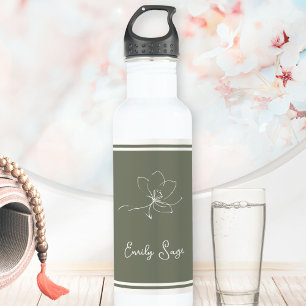 Minimalistische Florale Linienkunst Zen Salbei Grü Edelstahlflasche