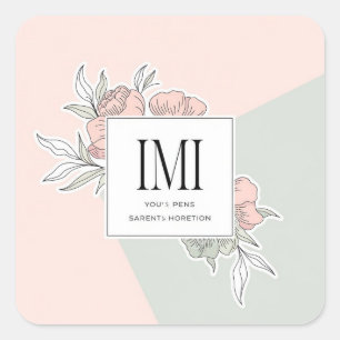 Minimalistische florale Monogramm-Quadrat-Aufklebe Quadratischer Aufkleber