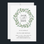 Minimalistische Foliage | Foto Back Wedding Save The Date<br><div class="desc">Diese einfache Hochzeit speichert die Dattelkarte mit einem angesagten Kranz mit üppig grünen Aquarellfarben-Blätter und einigen kleinen Beeren auf weißem Hintergrund. Ihr persönliches Foto geht auf die Rückseite. Ideal für Ihre anstehende elegante, minimalistische Hochzeit.</div>
