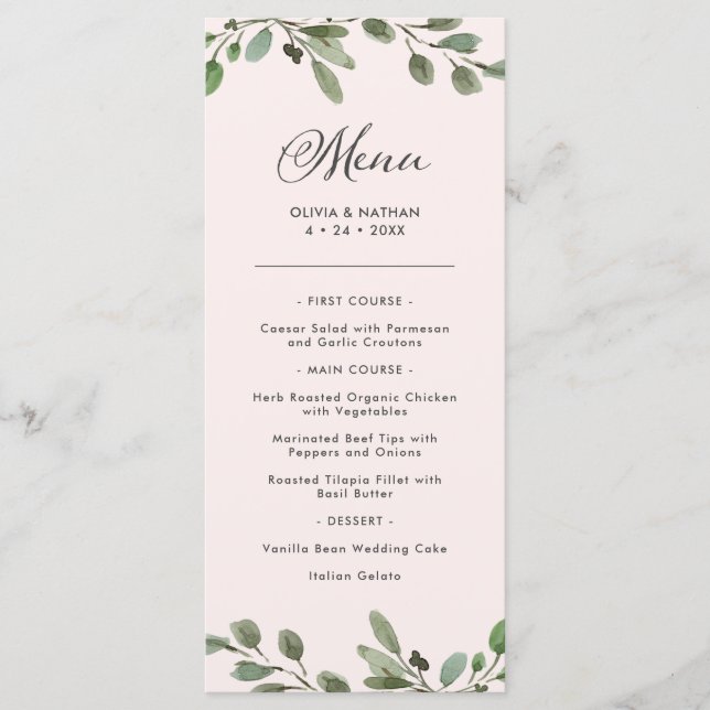 Minimalistische Foliage | Rosa Hochzeit Menükarte (Vorderseite)