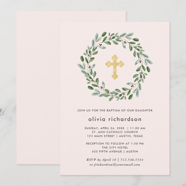 Minimalistische Foliage | Rosa Taufe mit Gold Cros Einladung (Vorne/Hinten)