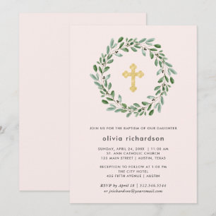 Minimalistische Foliage  Rosa Taufe mit Goldkreuz Einladung