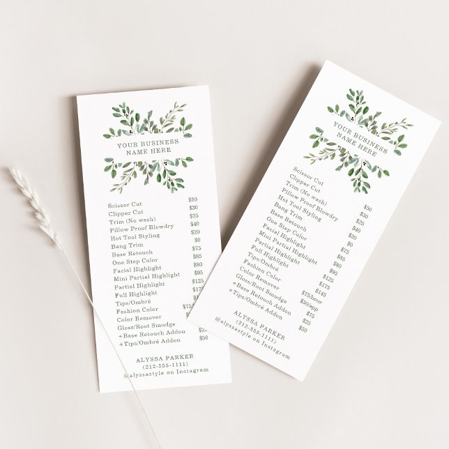 Minimalistische Foliage | Salon Price List Werbekarte (Von Creator hochgeladen)