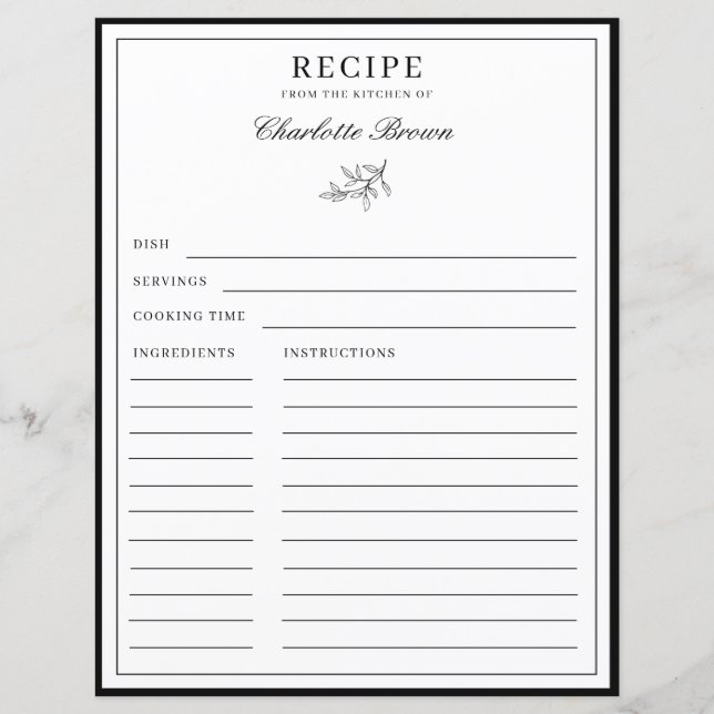 Minimalistische Folienname-Rezeptkarte an der Gren (Vorderseite)