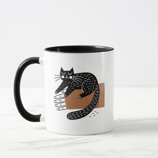 Minimalistische Folk Art Black Cat auf der Hand Tasse (Links)
