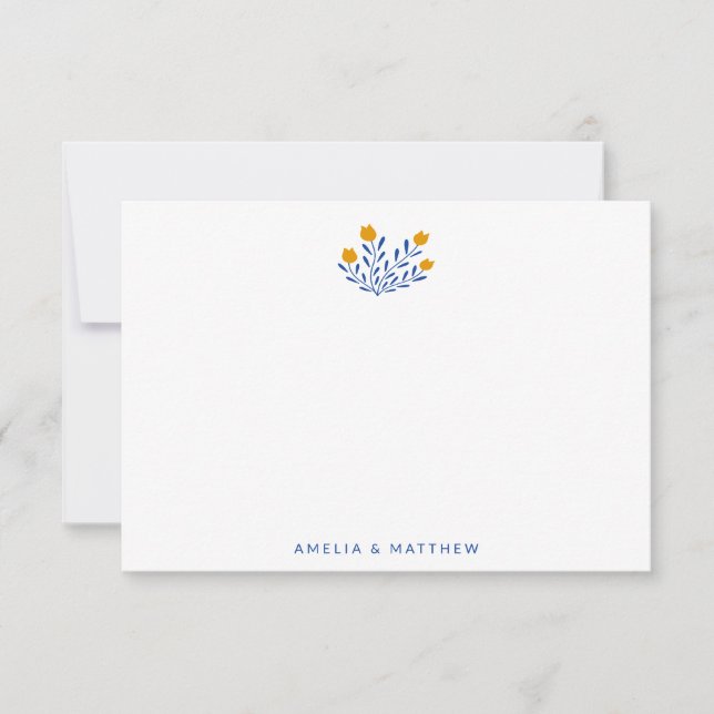 Minimalistische Folk-Blume Blaugelbe Hochzeitsname Dankeskarte (Vorderseite)