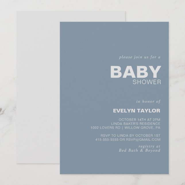 Minimalistische formale Blue Baby Dusche Einladung (Vorne/Hinten)