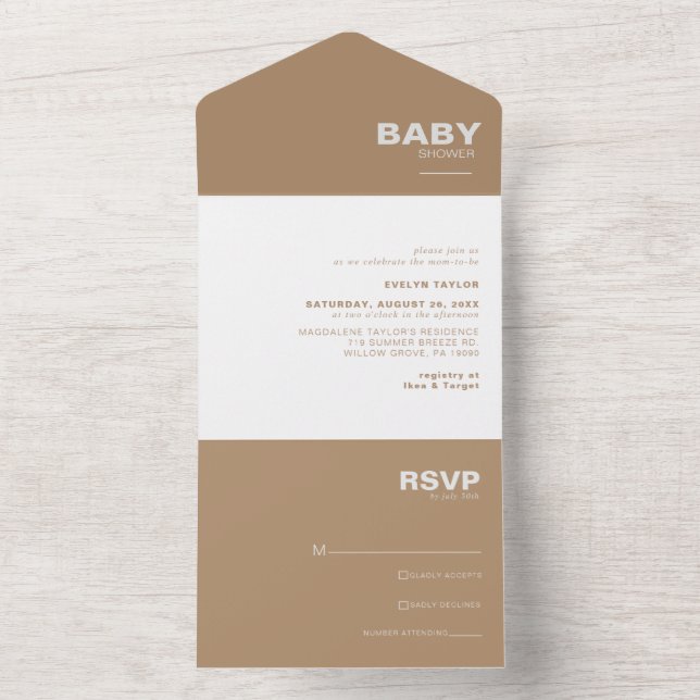 Minimalistische formale Braun-Babydusche All In One Einladung (Innen Boden)