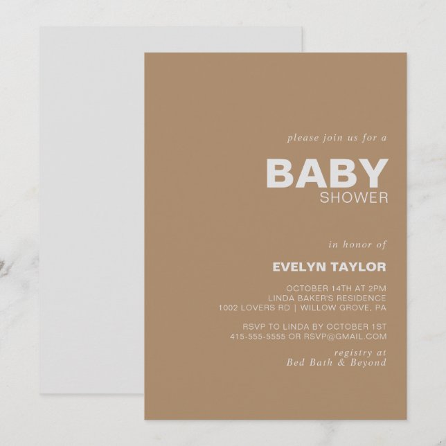 Minimalistische formale Braun-Babydusche Einladung (Vorne/Hinten)