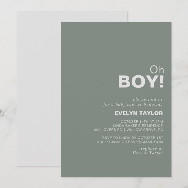 Minimalistische formale Green Oh Boy Baby Dusche Einladung (Vorne/Hinten)
