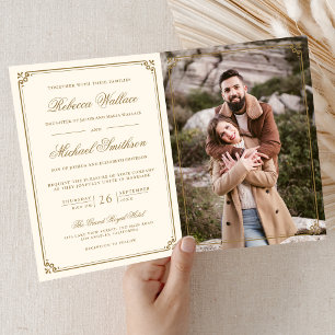 Minimalistische Foto-Cream-Gold-QR-Code-Hochzeit Einladung