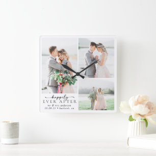 Minimalistische Foto-Kalligrafie-Hochzeit Quadratische Wanduhr