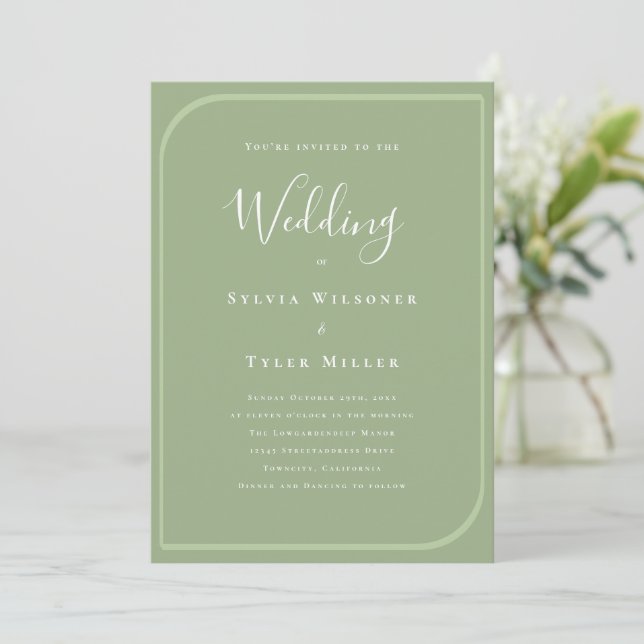 Minimalistische Frame Sage Grüne Hochzeit Einladung (Stehend Vorderseite)