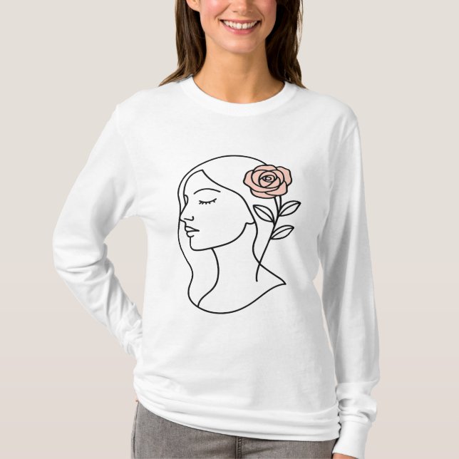 Minimalistische Frauengesicht mit Rose - Weibliche T-Shirt (Vorderseite)