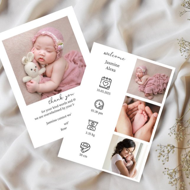 Minimalistische Geburtserklärung mit Fotocollage Einladung (Birth Announcement (Front & Back))