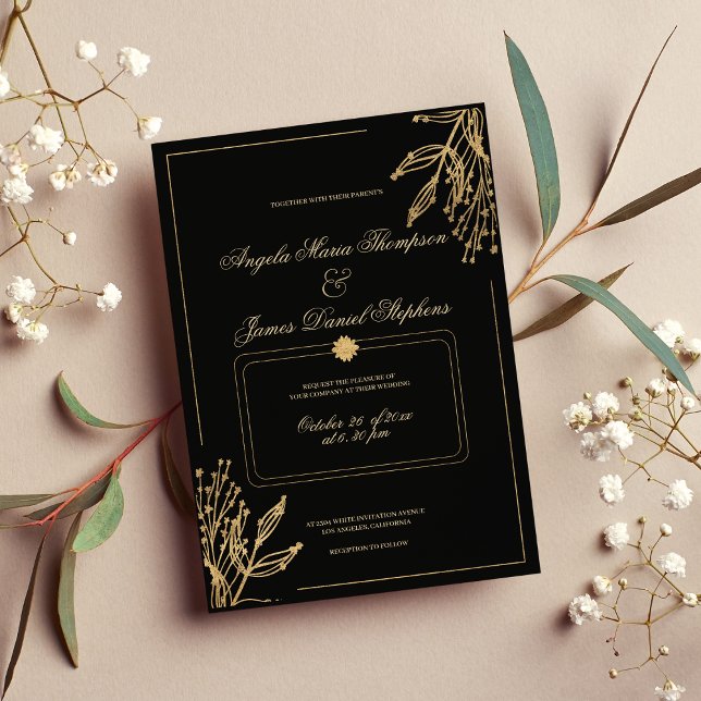 Minimalistische, geometrische Hochzeit mit schwarz Einladung (Minimalist geometric black gold floral wedding 1)