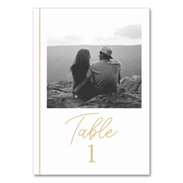 Minimalistische Gold-Tischnummer mit Foto Tischnummer (Vorderseite)
