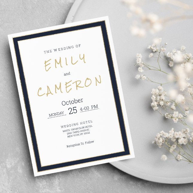 Minimalistische Goldmedaille Einladung (Minimalist white navy blue gold geometric Wedding )