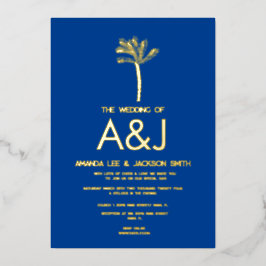 Minimalistische Goldpalm Tree Blue Wedding Folieneinladung