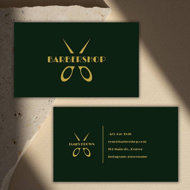 Minimalistische Goldschere Grüner Barbershop Salon Visitenkarte (Minimalist Gold Scissors Green Barbershop Salon Business Card)
